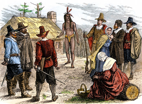 Samoset visitant des colons pèlerins à Plymouth, 1620.Crédit North Wind Picture Archives, via Associated Press